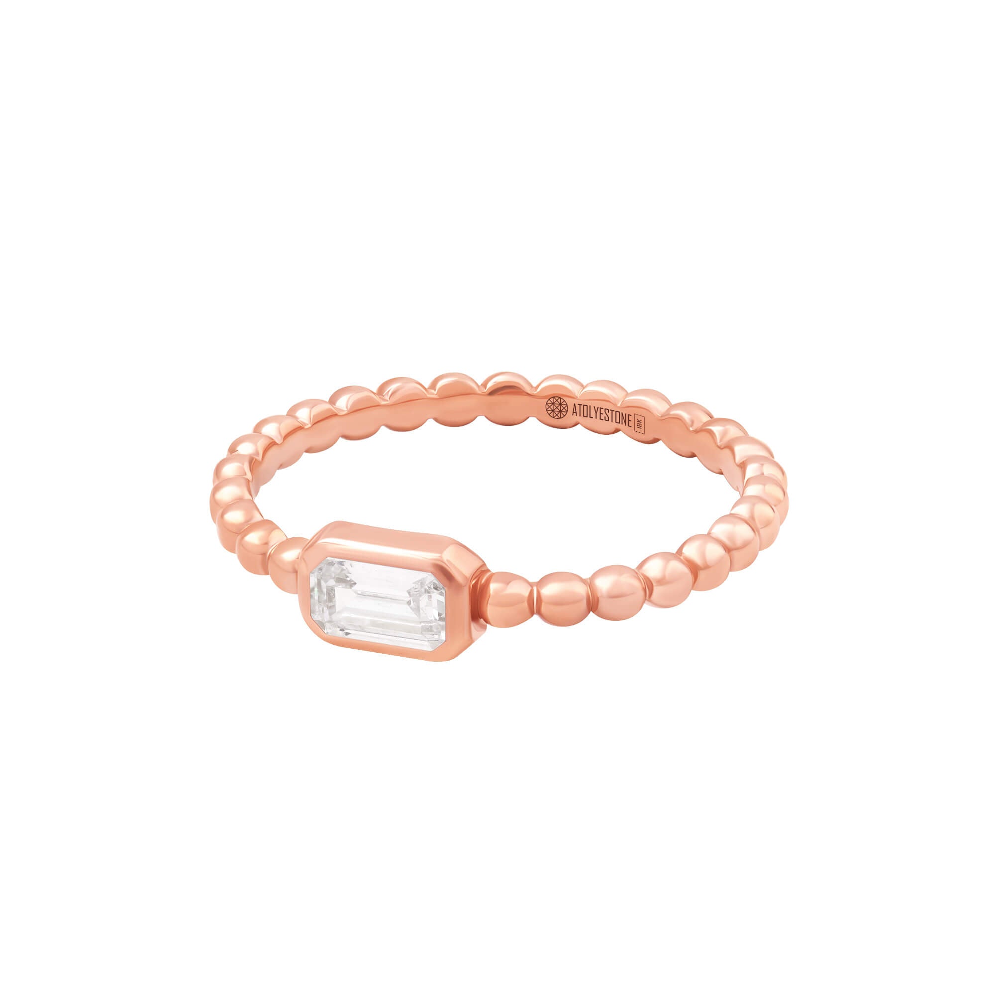 Emerald-Cut Diamond Beaded Ring in Solid Rose Gold
