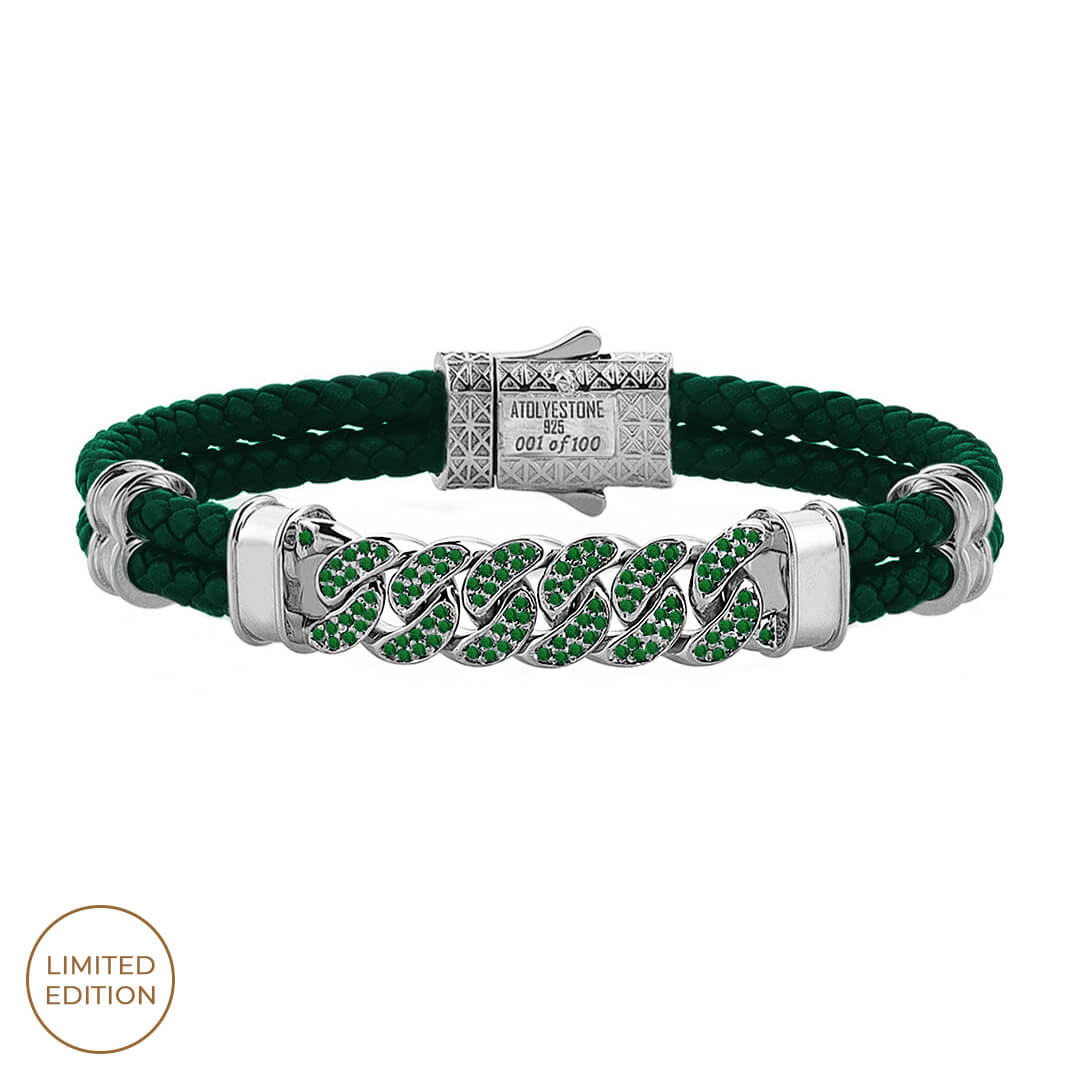 Men's Emerald Pave Green Leather Cuban Links Bracelet