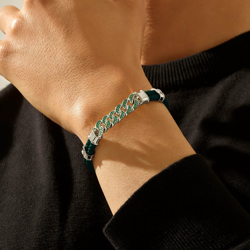 Designer Cuban Links Chain Green Leather Bracelet - 0.58ct Emerald Pave