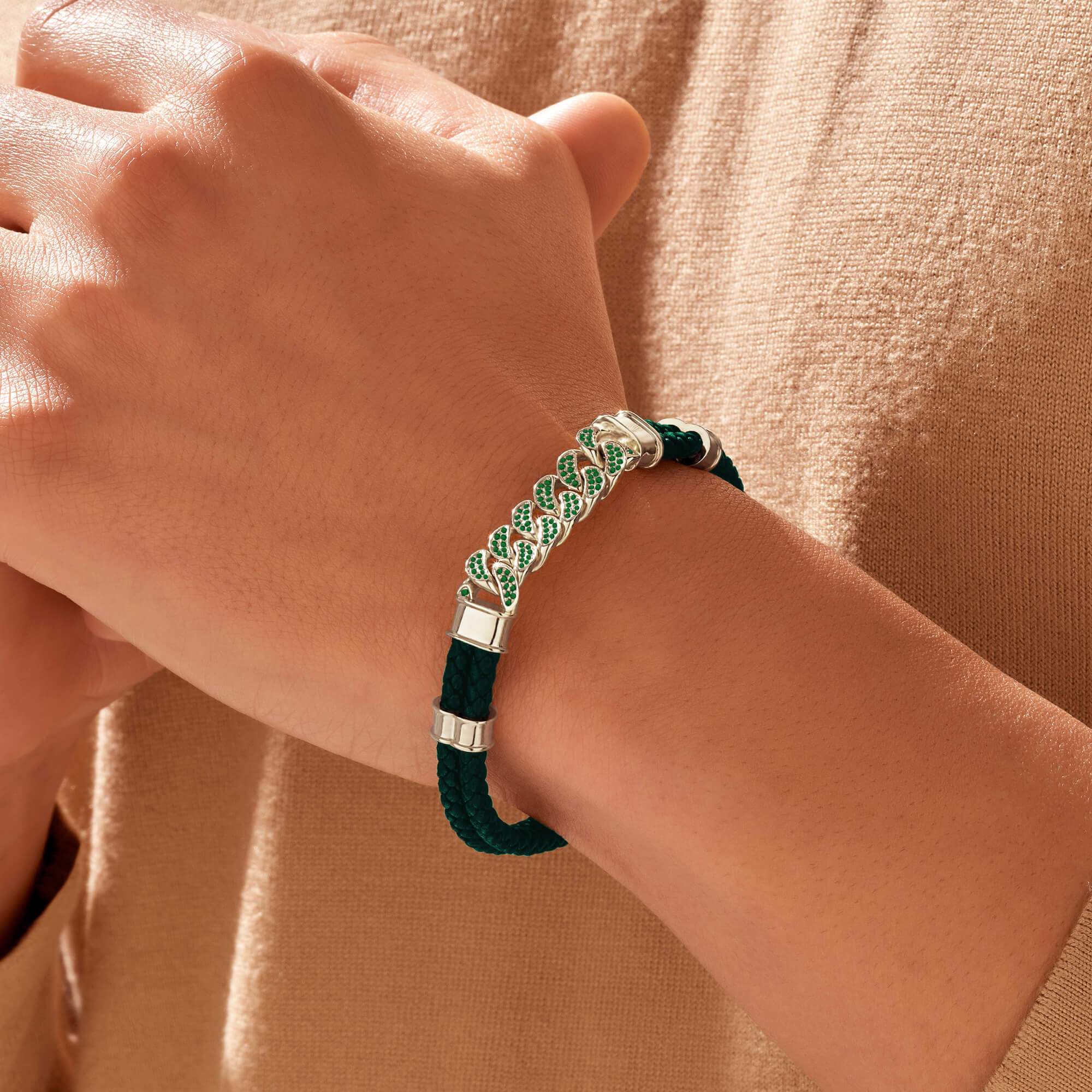0.58 ct Emerald Pave Green Leather Cuban Links Bracelet