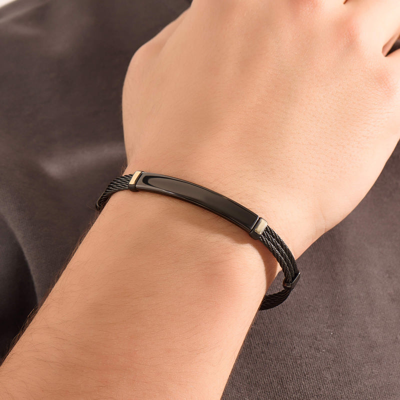 Men's Black Cable Bangle Bracelet with 14K Gold Accent