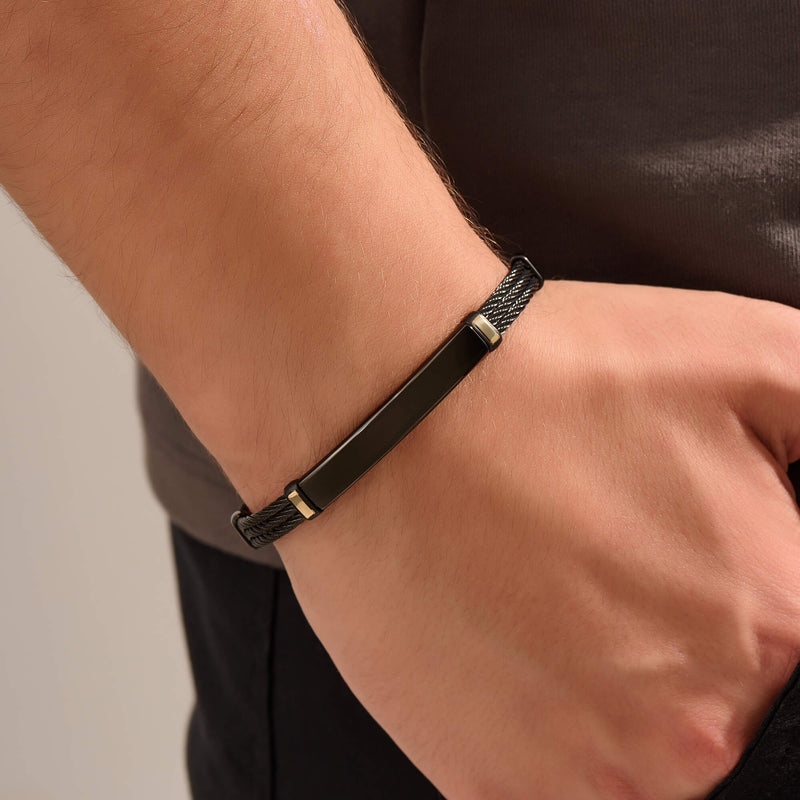 Black Steel Cable Bangle Bracelet with 14K Solid Yellow Gold