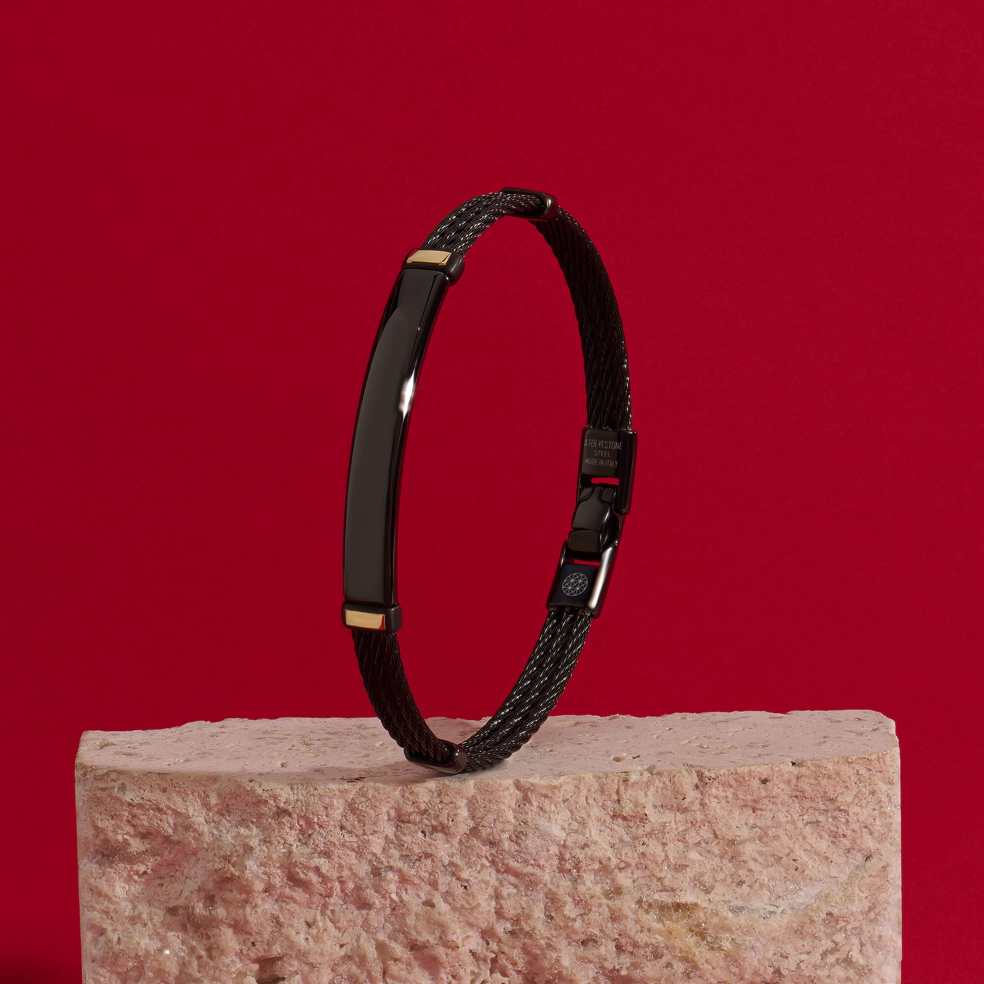 14K Gold Accented Steel Black Cable Bangle Bracelet for Men