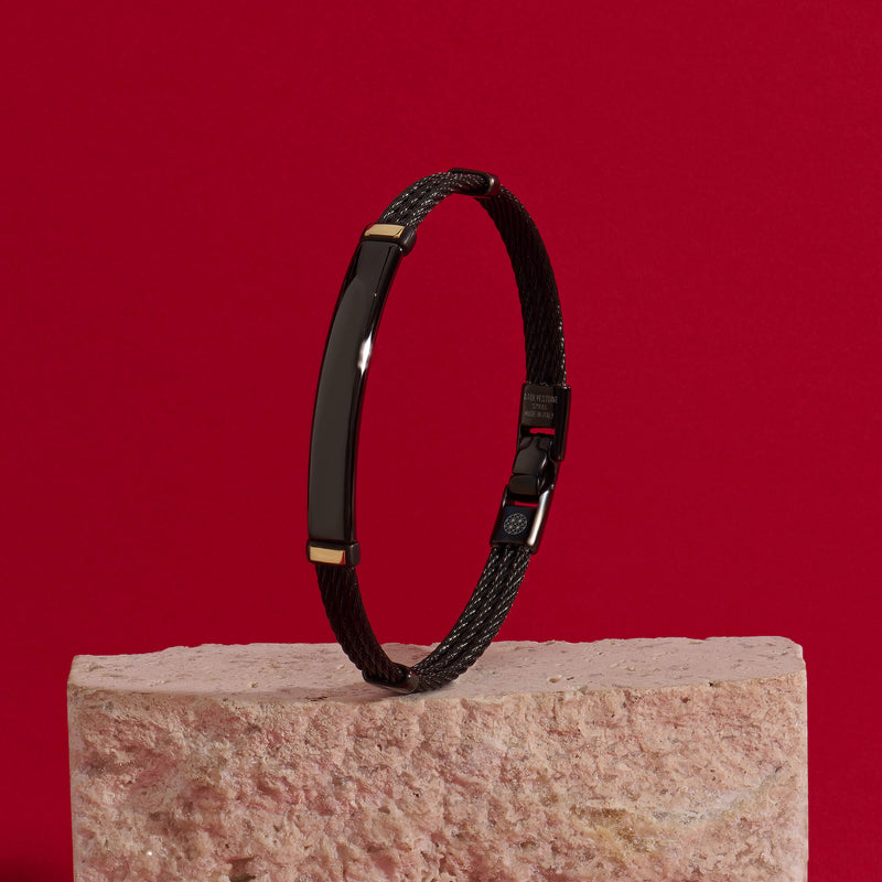14K Gold Accented Steel Black Cable Bangle Bracelet for Men