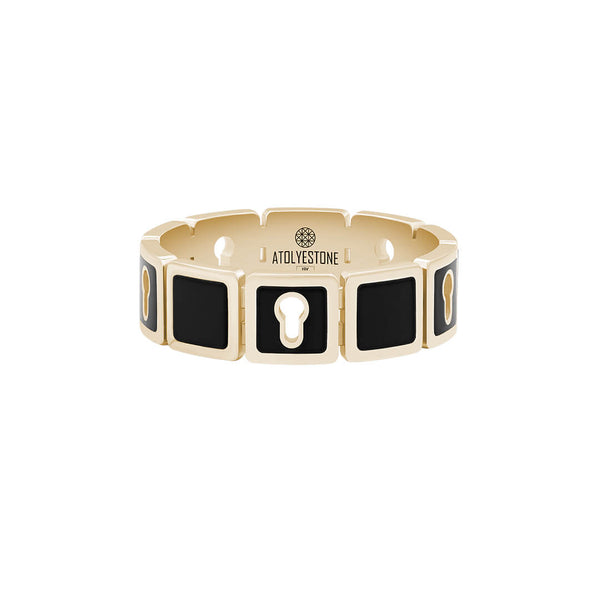 Enamel Lock Band Ring in Solid Yellow Gold