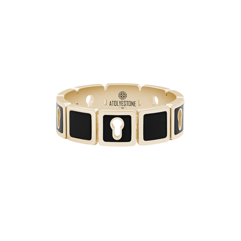 Enamel Lock Band Ring in Solid Yellow Gold