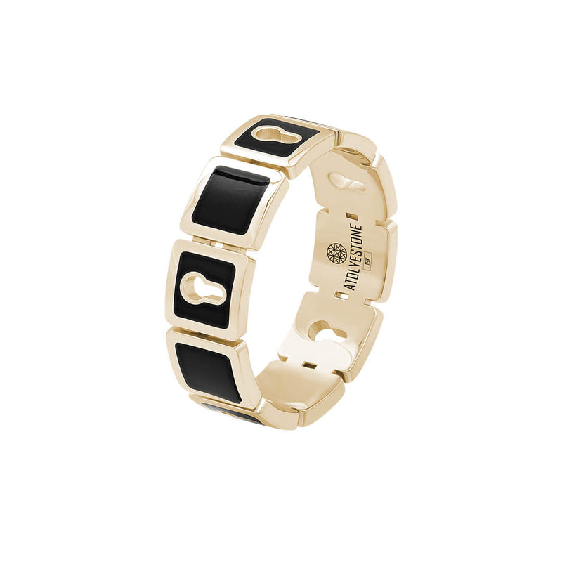 Atolyestone Black Enamel Lock Band Ring in Yellow Gold