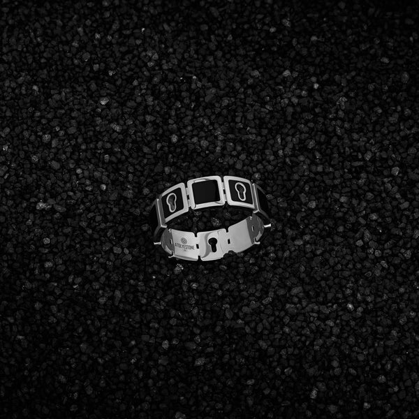 Atolyestone Black Enamel Lock Band Ring in Solid Silver