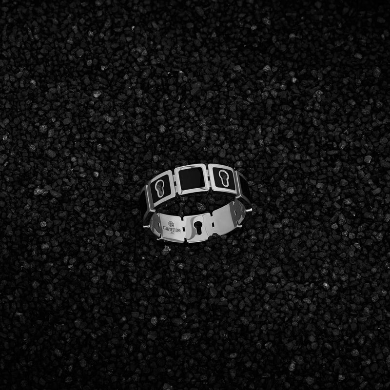 Atolyestone Black Enamel Lock Band Ring in Solid Silver