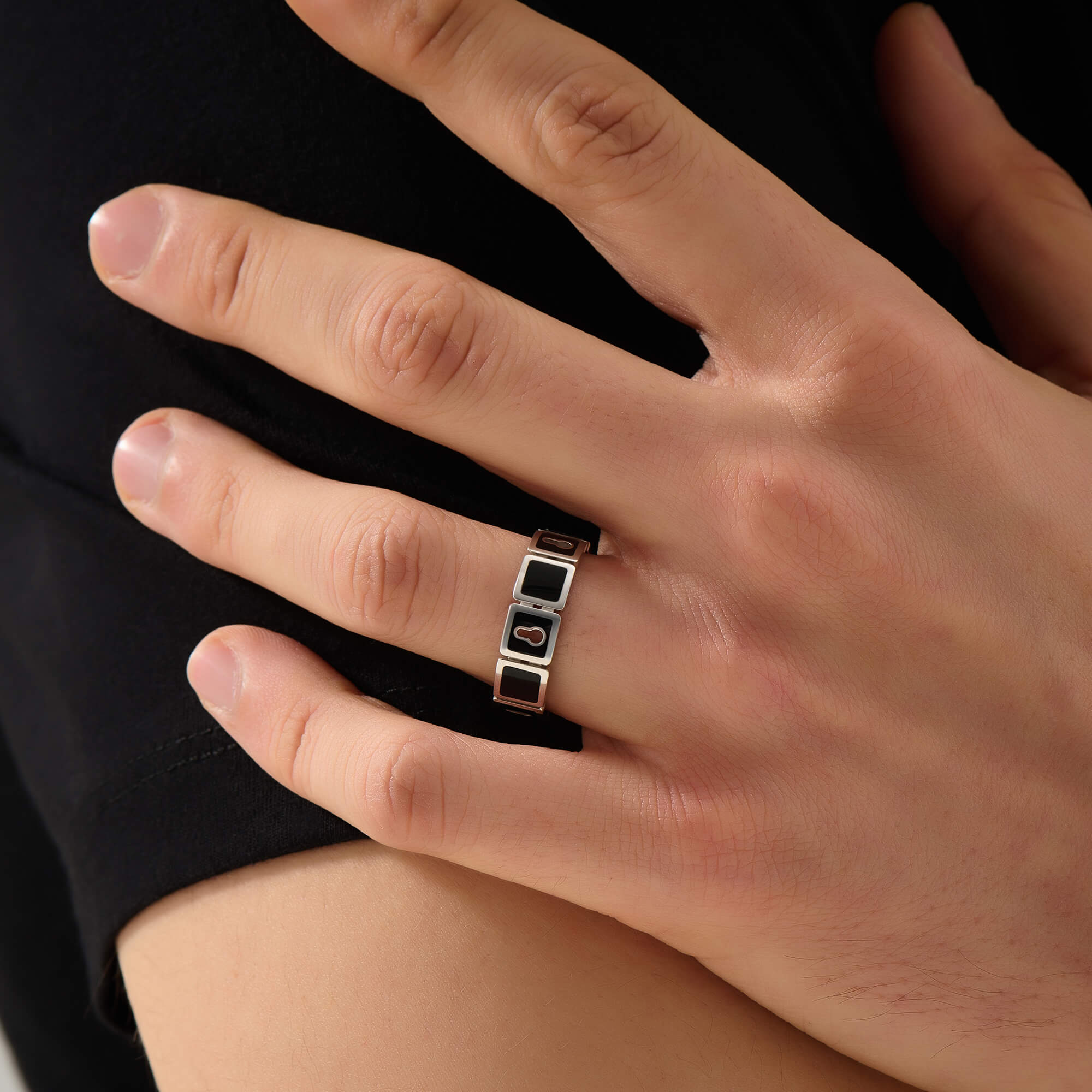 Men's Solid Silver Enamel Lock Design Ring