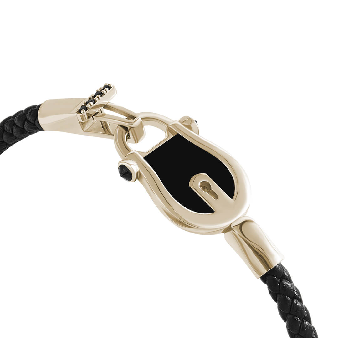 Enamel Lock Leather Bracelet Buckle Detail in Yellow Solid Gold
