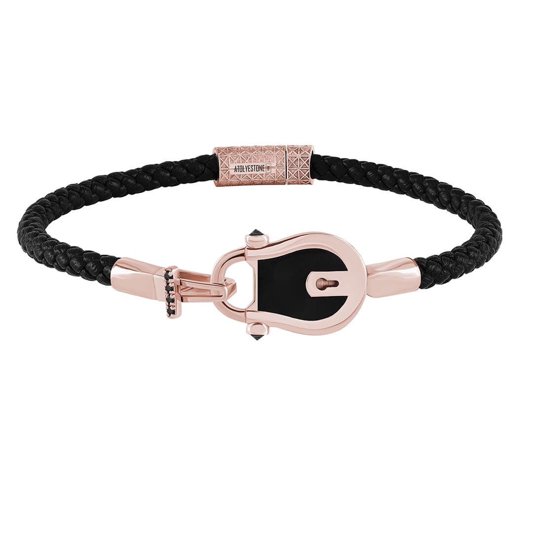 Enamel Lock Leather Bracelet in Solid Gold Paved with Black Diamonds - Black Leather Rose Gold