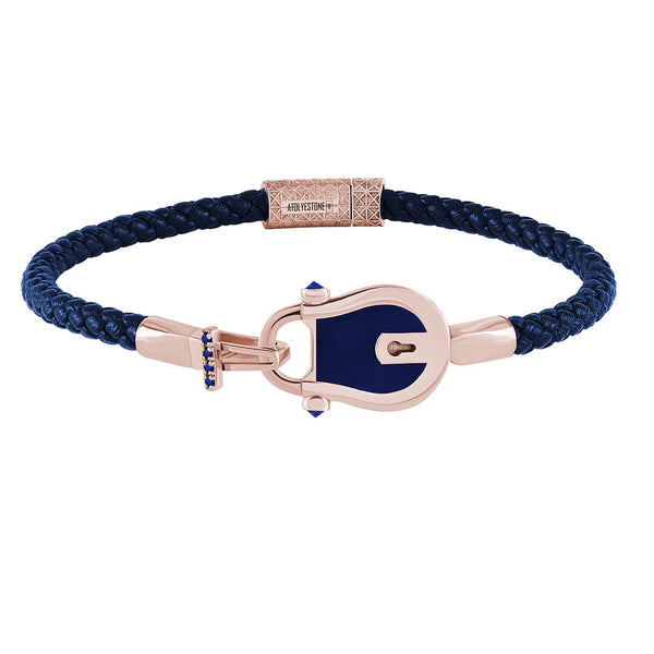 Enamel Lock Leather Bracelet in Solid Gold Paved with Sapphire - Blue Leather Rose Gold