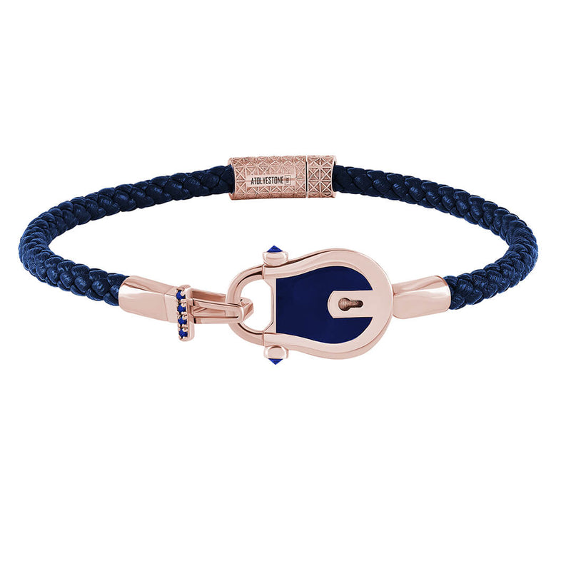 Enamel Lock Leather Bracelet in Solid Gold Paved with Sapphire - Blue Leather Rose Gold