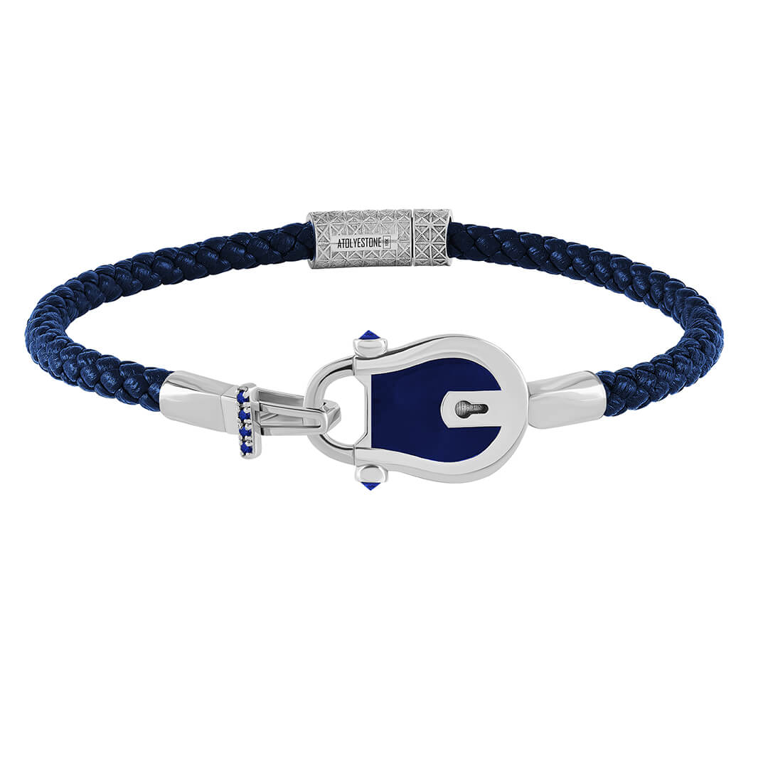 Enamel Lock Leather Bracelet in Solid Gold Paved with Sapphire - Blue Leather White Gold