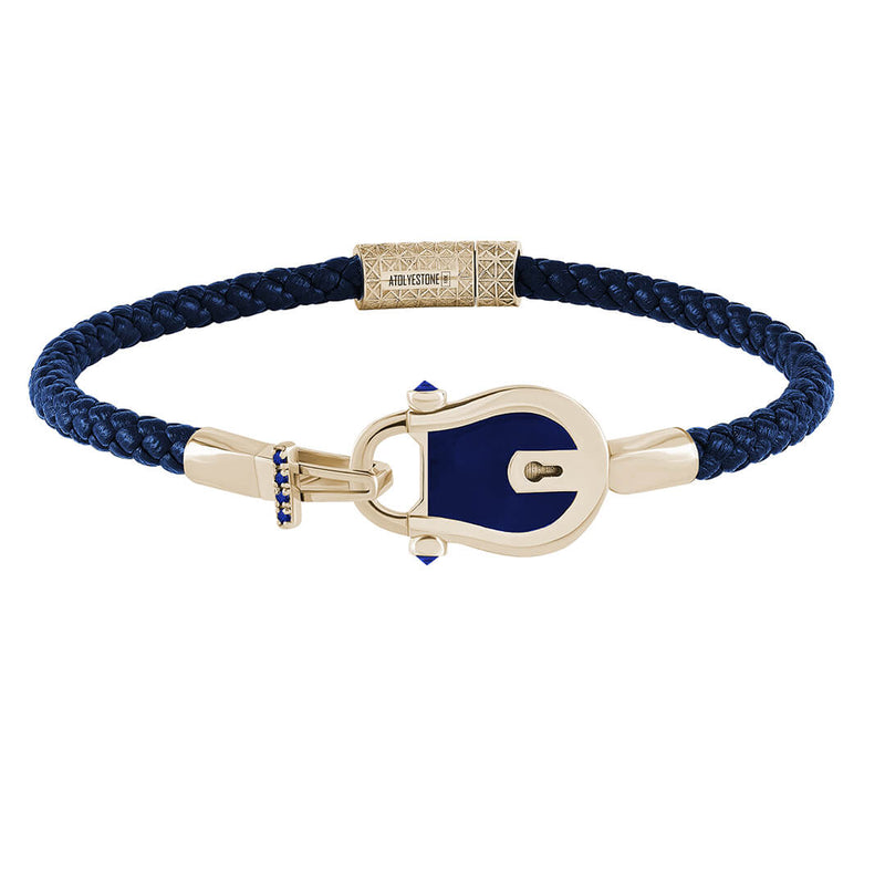 Enamel Lock Leather Bracelet in Solid Gold Paved with Sapphire - Blue Leather Yellow Gold