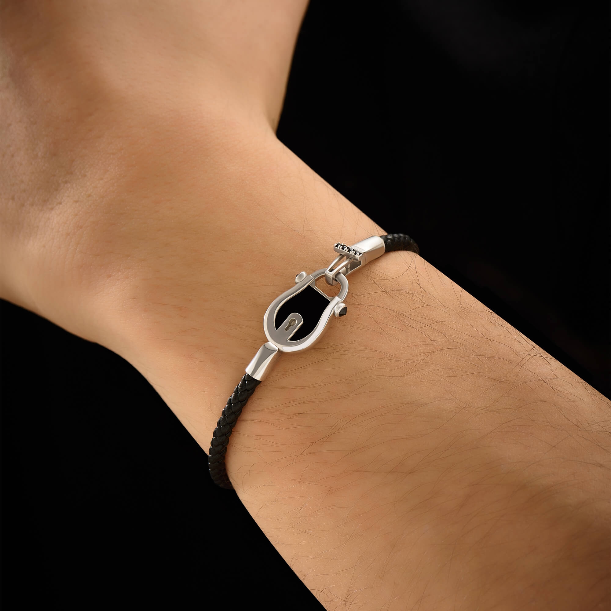Men's Solid Silver Enamel Lock Leather Bracelet