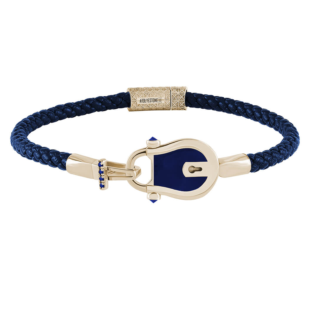 Enamel Lock Leather Bracelet in 925 Sterling Silver Paved with Sapphire - Blue Leather Yellow Gold