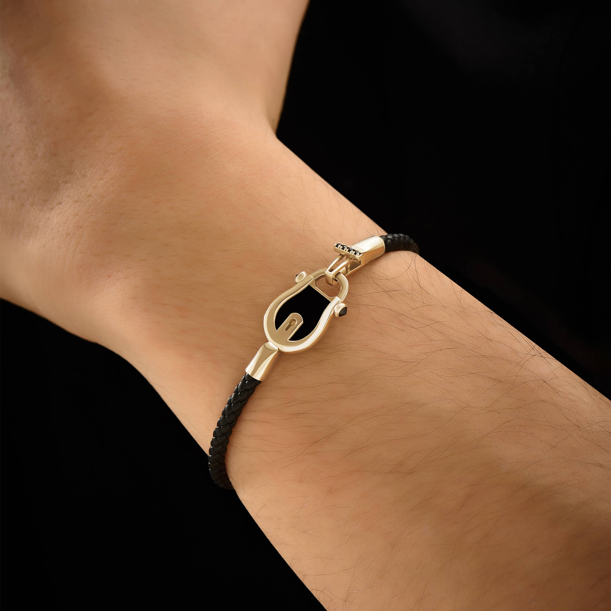 Men's Solid Gold Enamel Lock Leather Bracelet
