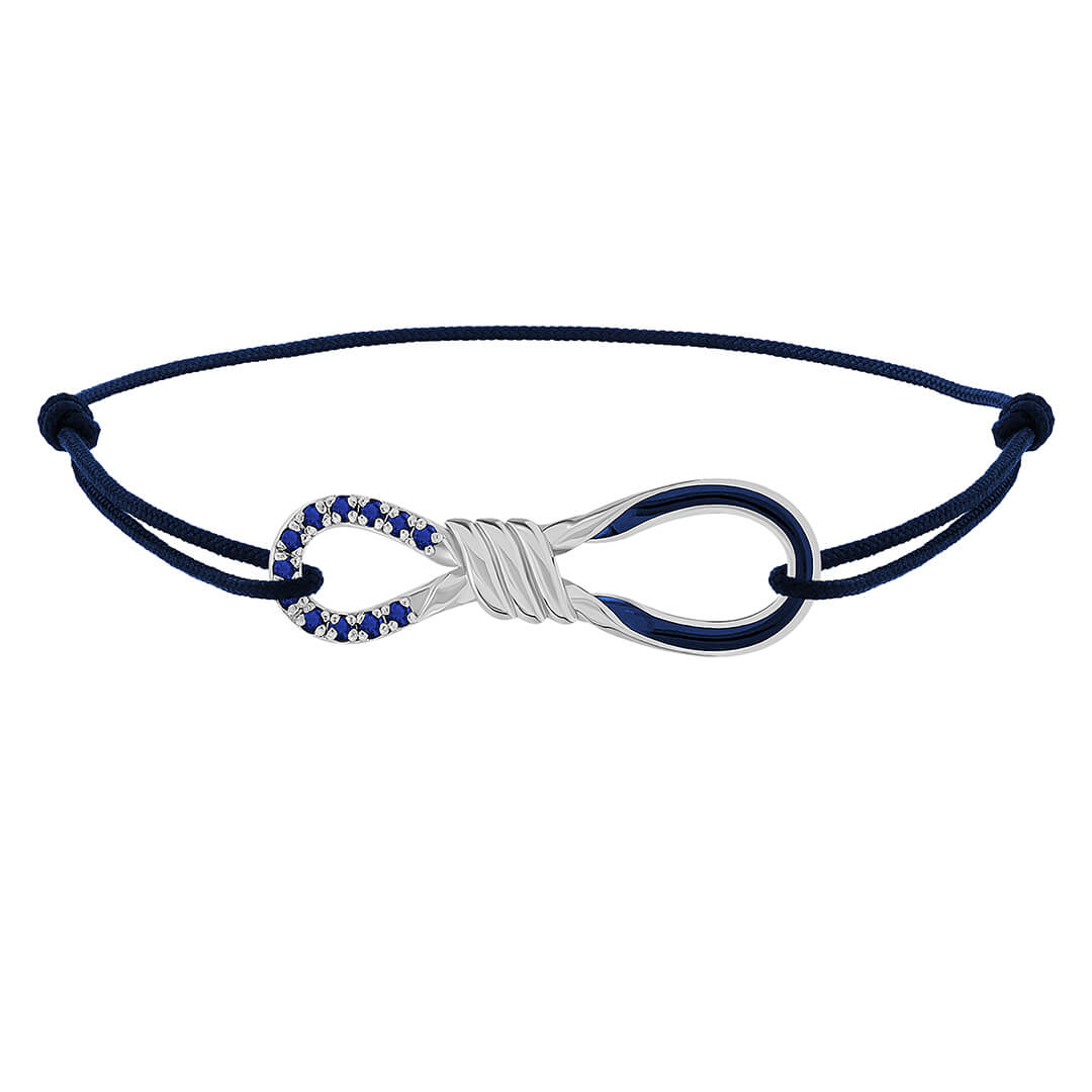 Enamel Pave Infinity Knot Macrame Bracelet in Solid Silver - Blue White