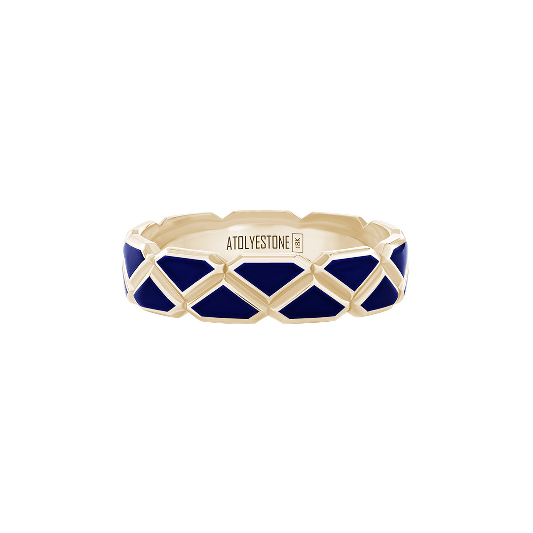 Enamel Triangle Band Ring in Solid Yellow Gold - Navy Enamel