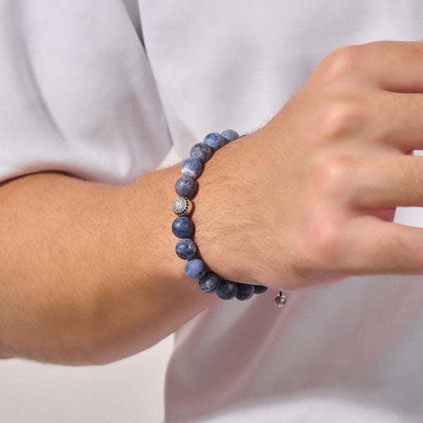 Men's Exclusive Atolyestone Beaded Bracelet in Solid White Gold and Sodalite Stones