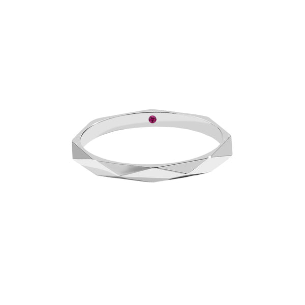 Faceted Band Ring with Ruby Detail in Sterling Silver