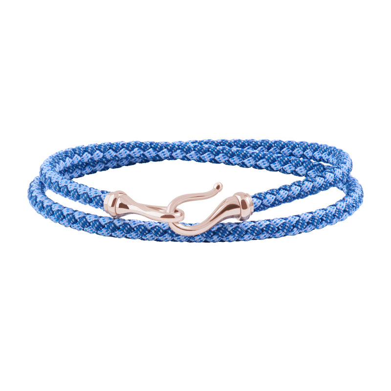 Men's Solid Rose Gold Fish Hook Blue Cotton Wrap Bracelet