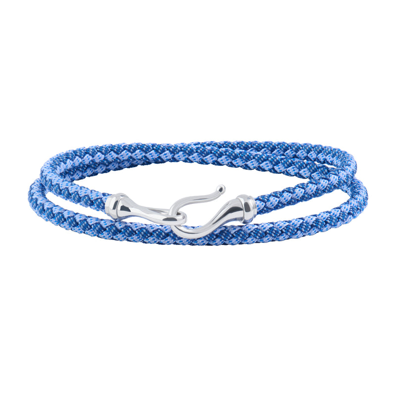 Men's Solid White Gold Fish Hook Blue Cotton Wrap Bracelet