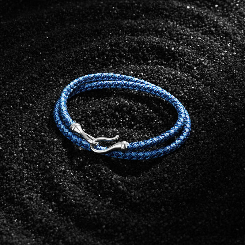 Fish Hook Blue Cotton Wrap Bracelet in Real Gold