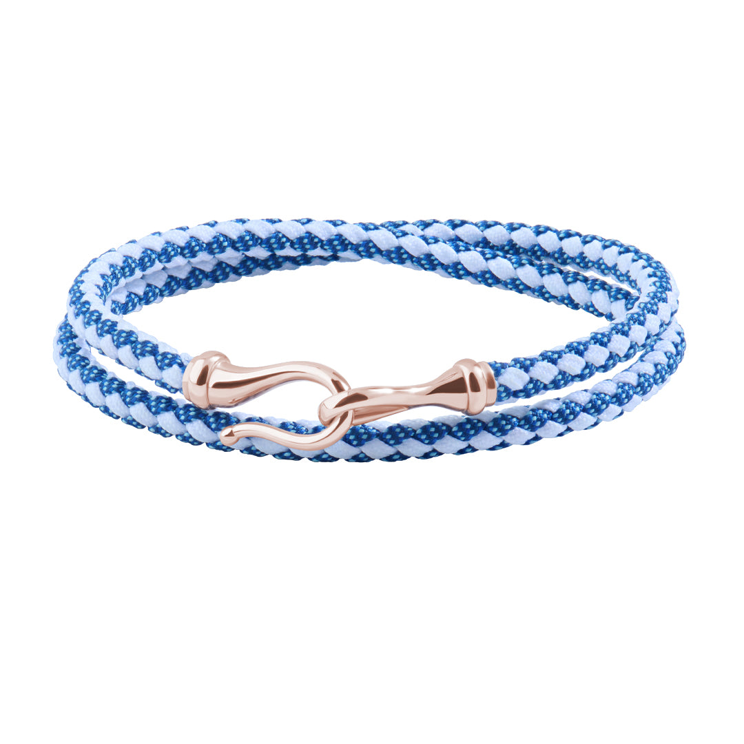 Men's Solid Rose Gold Fish Hook Blue & White Cotton Wrap Bracelet