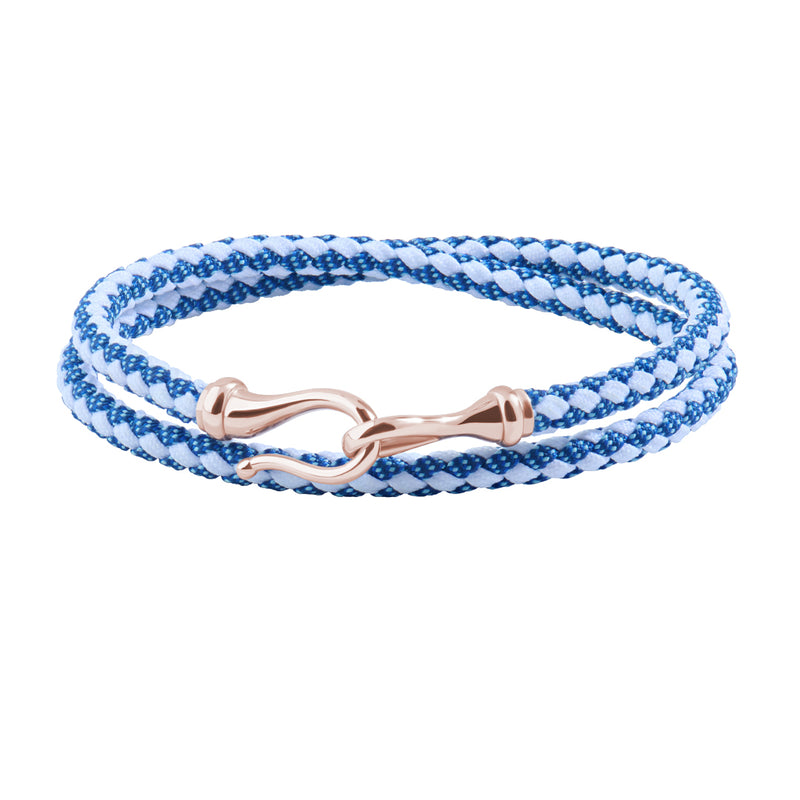 Men's Solid Rose Gold Fish Hook Blue & White Cotton Wrap Bracelet