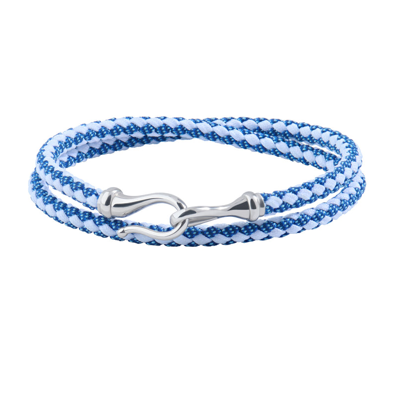 Men's Solid White Gold Fish Hook Blue & White Cotton Wrap Bracelet