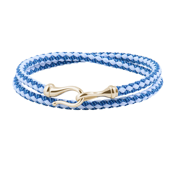 Men's Solid Yellow Gold Fish Hook Blue & White Cotton Wrap Bracelet