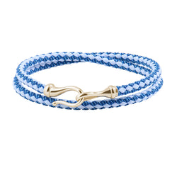 925 Sterling Silver Fish Hook Blue & White Cotton Wrap Bracelet - Yellow Gold