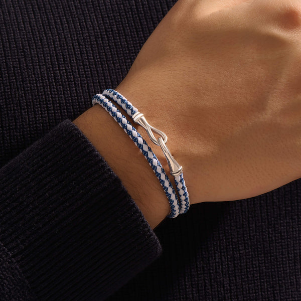 Fish Hook Blue and White Cotton Wrap Bracelet in Solid Silver