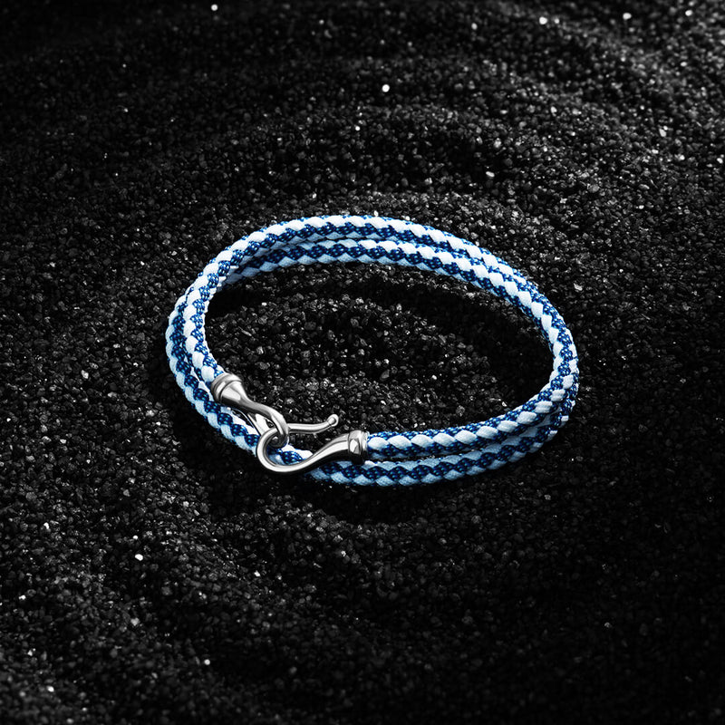 Fish Hook Blue and White Cotton Wrap Bracelet in Solid Silver
