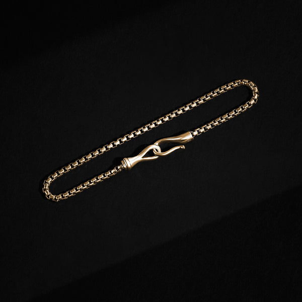 Atolyestone Solid Yellow Gold Fish Hook Box Chain Bracelet for Men