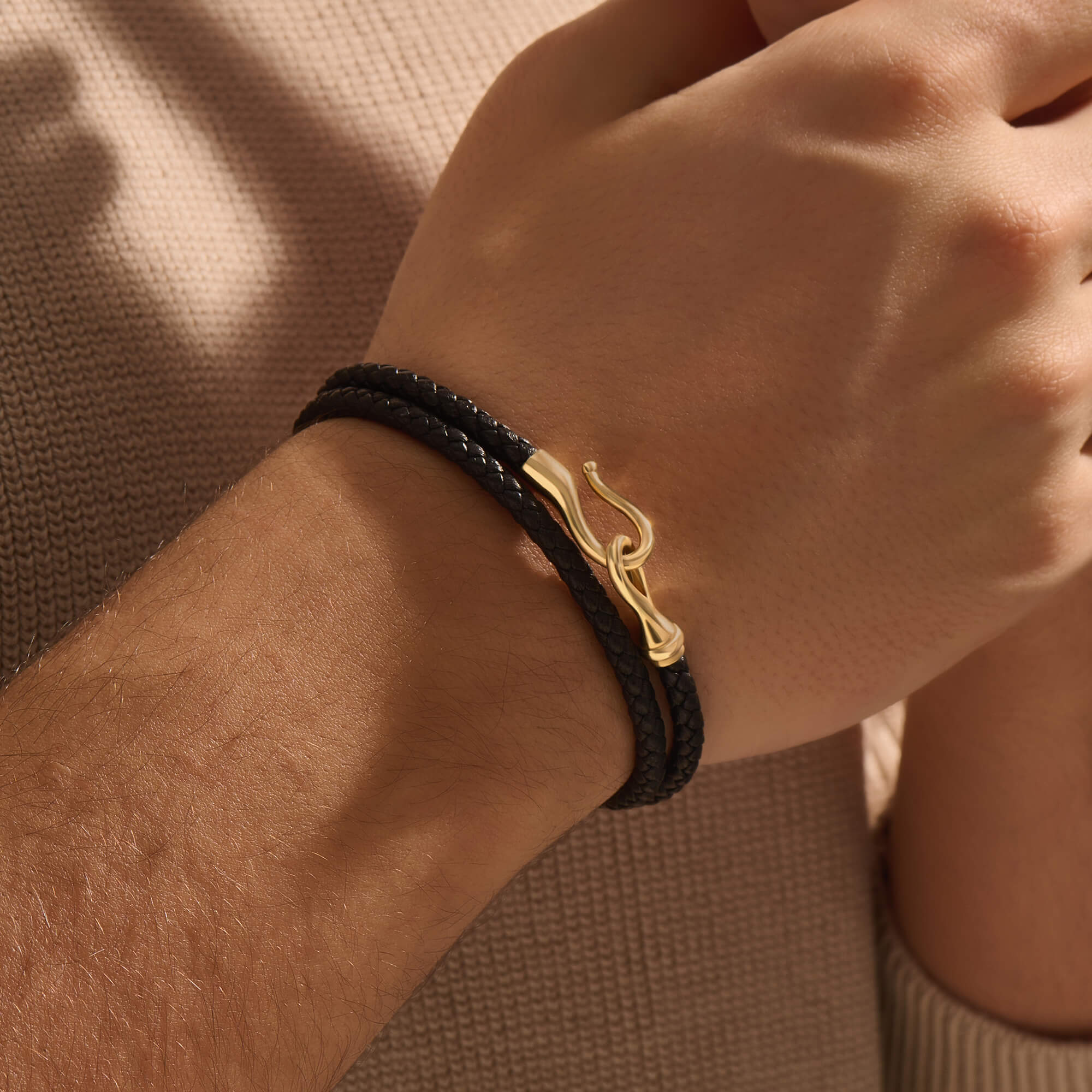Men's Fish Hook Wrap Leather Bracelet in Solid Gold
