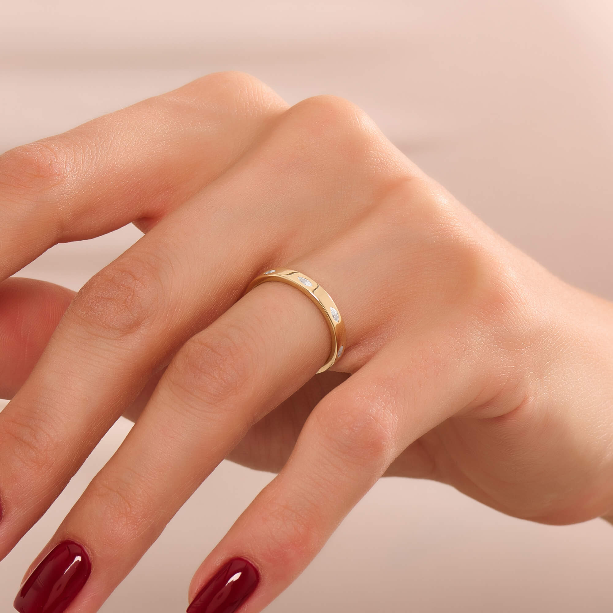 Women's Solid Yellow Gold Flush-Set Marquise Diamond Band Ring