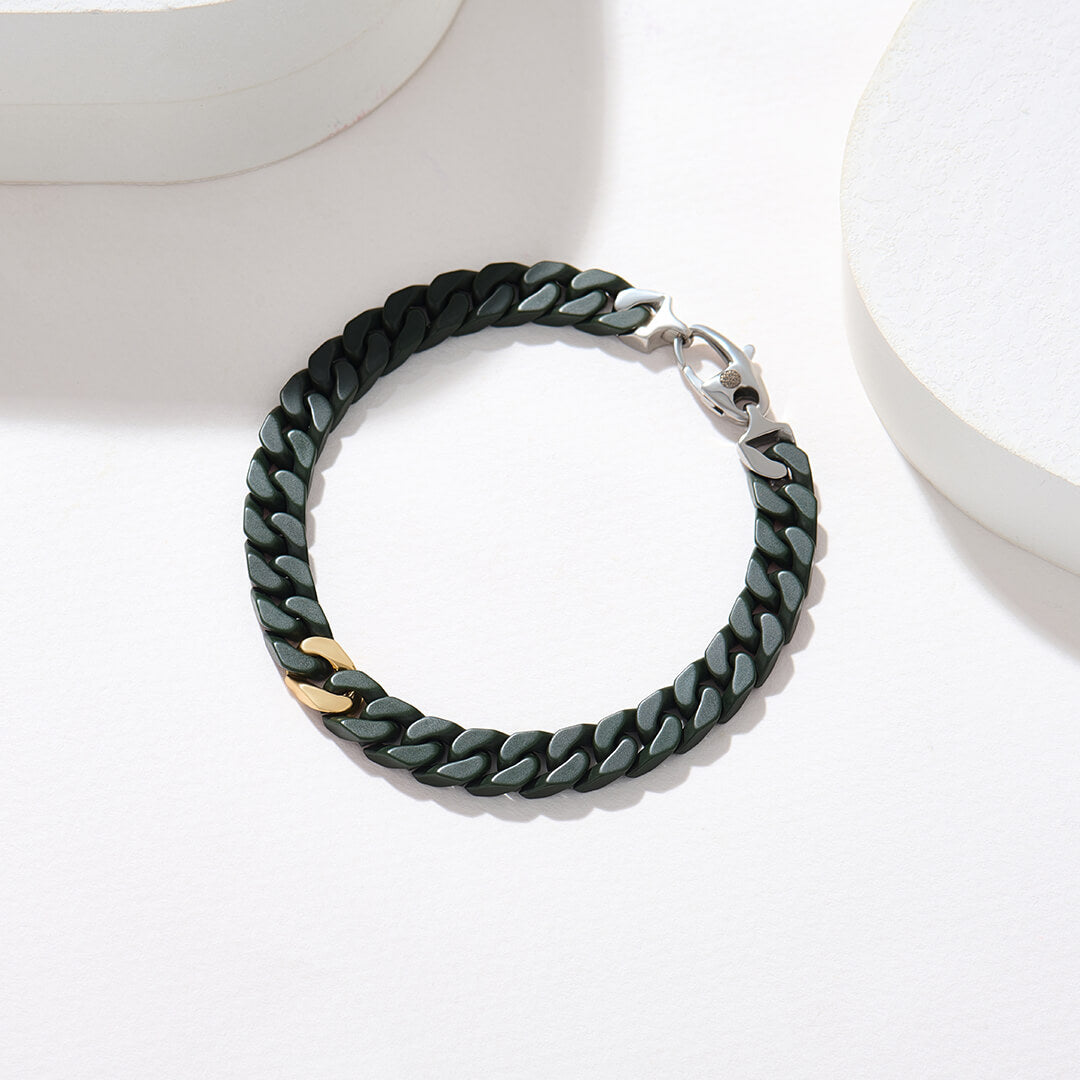 Green Ceramic Cuban Links Bracelet with Solid Gold for Men