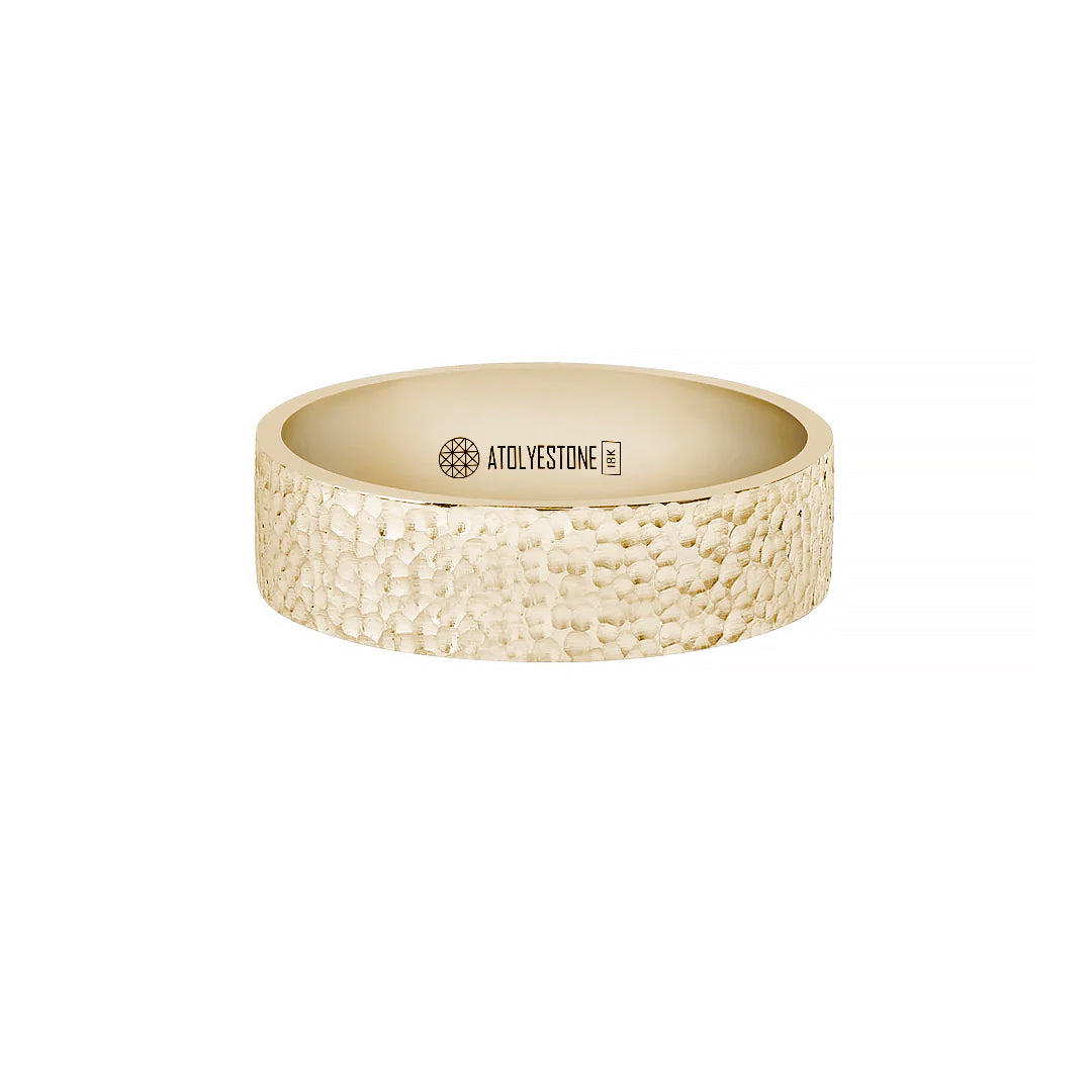 Men's Solid Yellow Gold Hammered Band Ring - 6mm