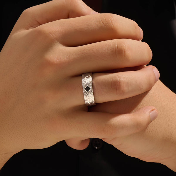Men's Solid Silver Hammered Band Solitaire Ring