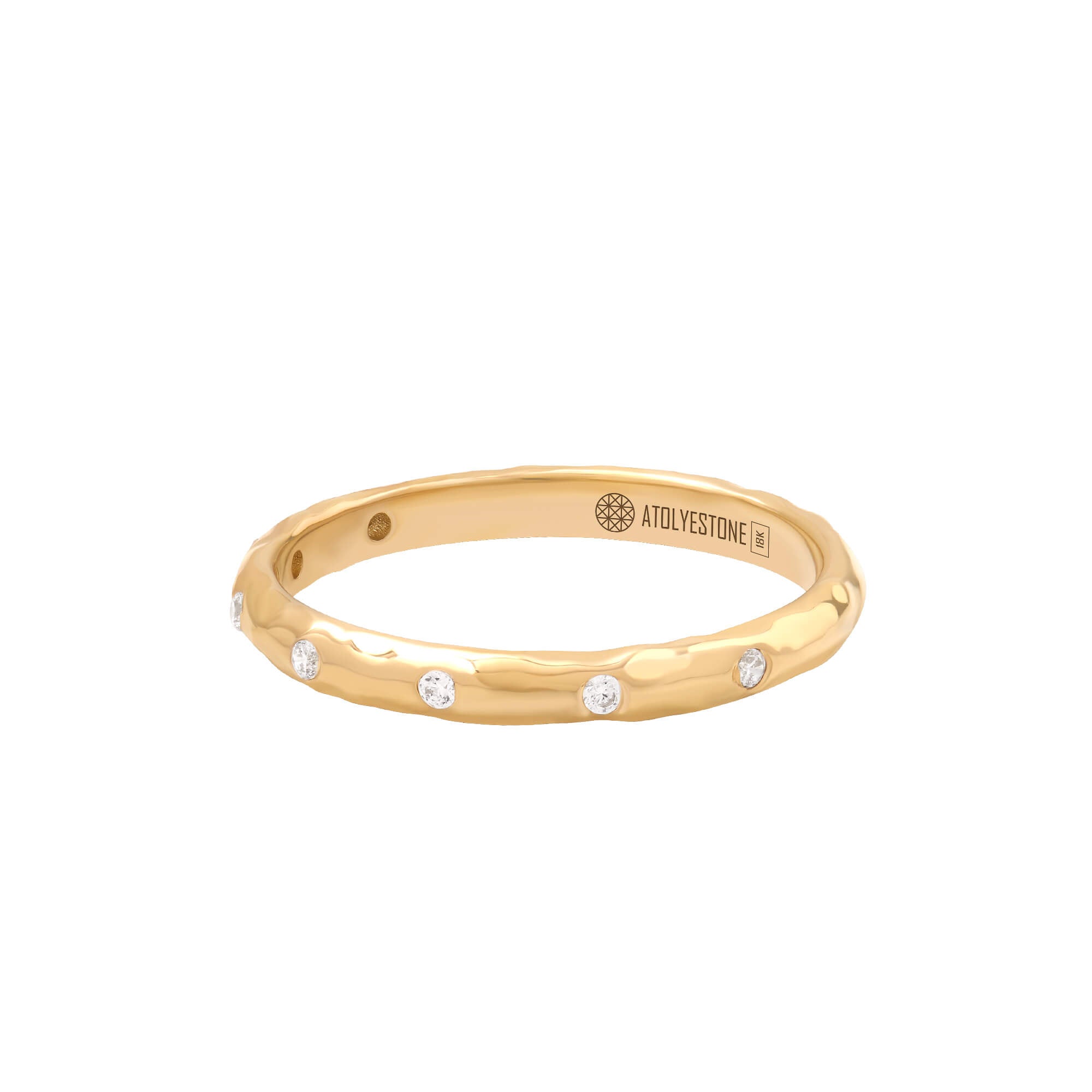 Hammered Diamond Band Ring in Solid Yellow Gold