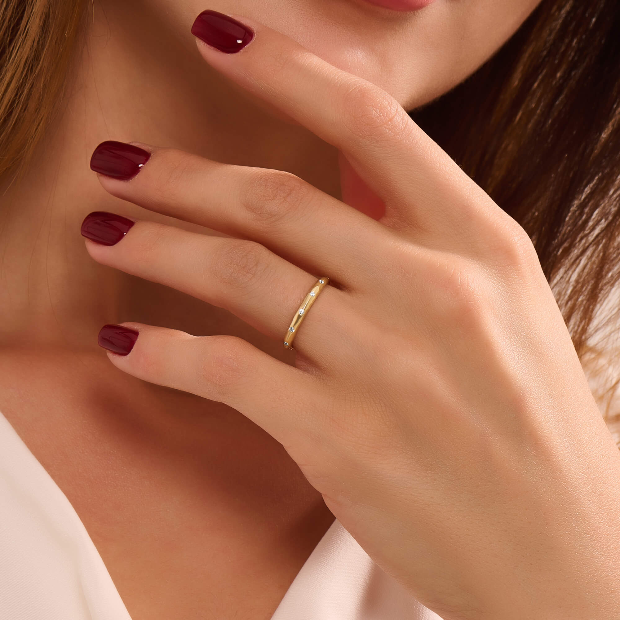 Women's Hammered Diamond Band Ring in Solid Gold