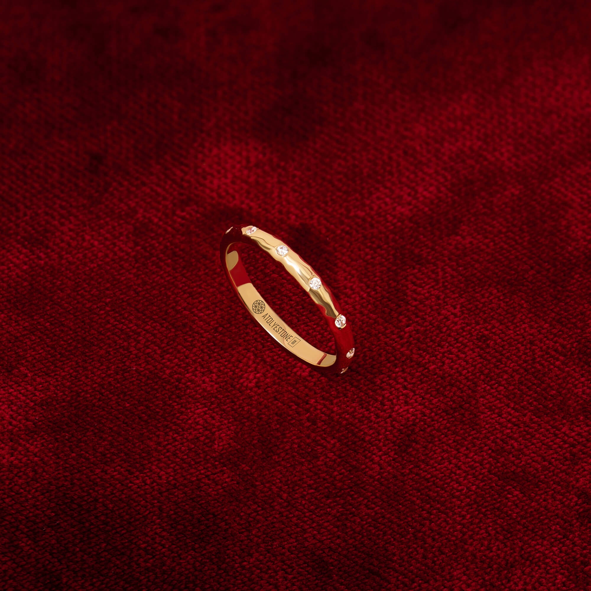 Solid Gold Hammered Band Ring with Diamonds