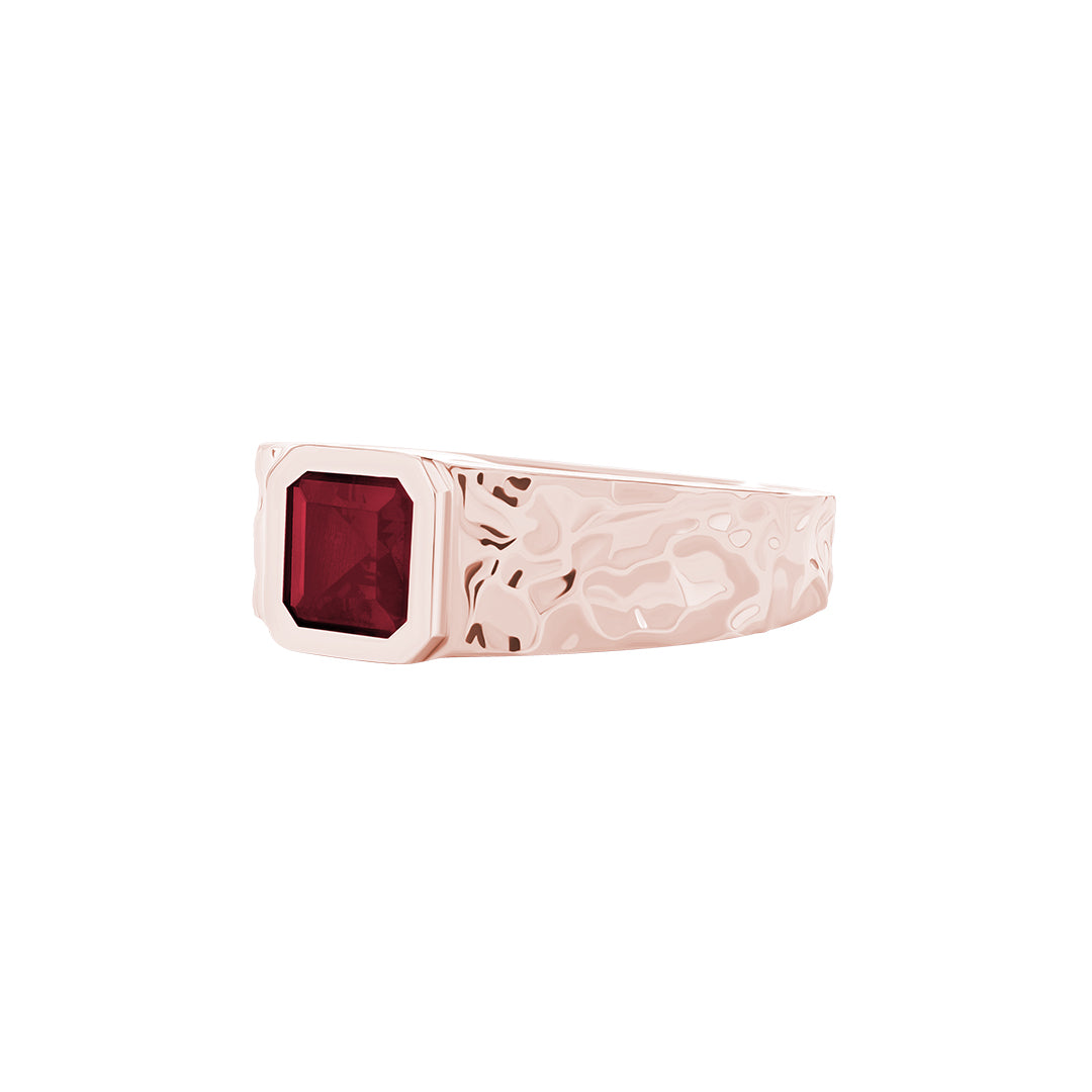 Hammered Solitaire Signet Ring in Solid Rose Gold - Ruby