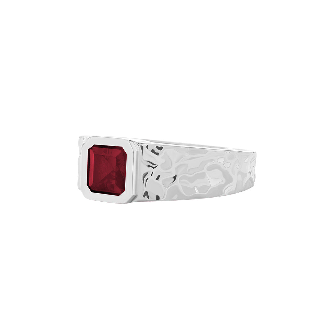 Hammered Solitaire Signet Ring in Solid White Gold - Ruby