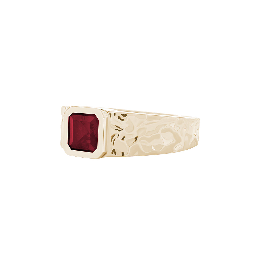 Hammered Solitaire Signet Ring in Solid Yellow Gold - Ruby