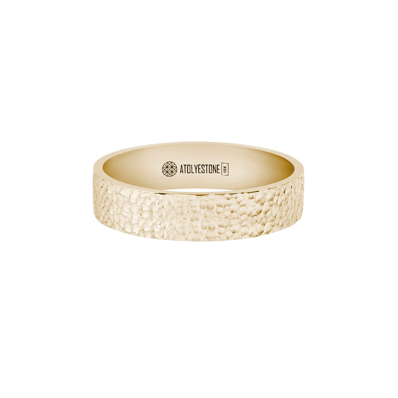 Men's Solid Yellow Gold Hammered Band Ring - 5mm